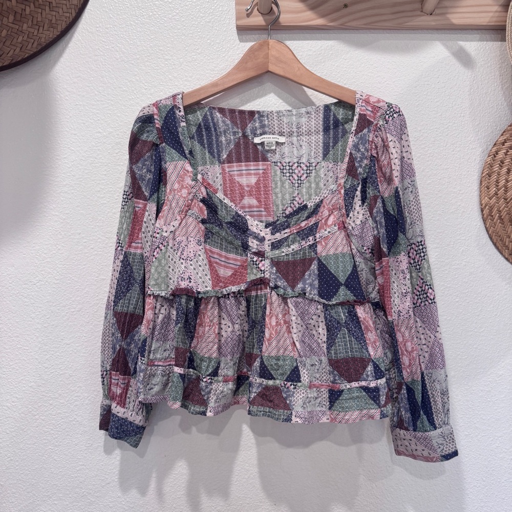 Cropped Patchwork Babydoll Blouse Cottagecore Milkmaid Puffed Sleeves GUC